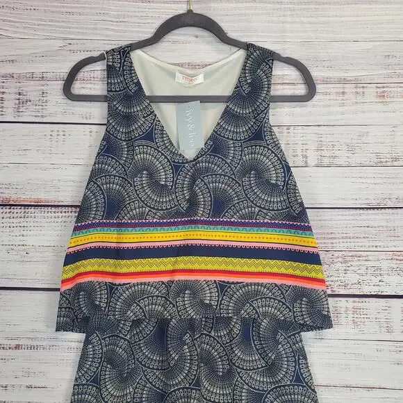 Renee C Layer Tiered Sleeveless Dress S Boho Geometric Rainbow Stripe Print NWT - Picture 9 of 14